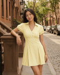 Striped Collared Puff Sleeve Button Down Mini Dress in Lemon Yellow