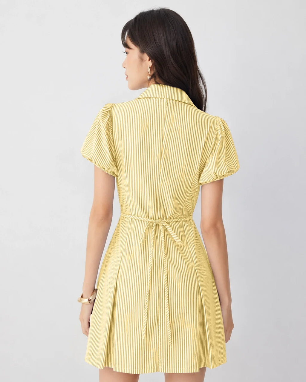 Striped Collared Puff Sleeve Button Down Mini Dress in Lemon Yellow