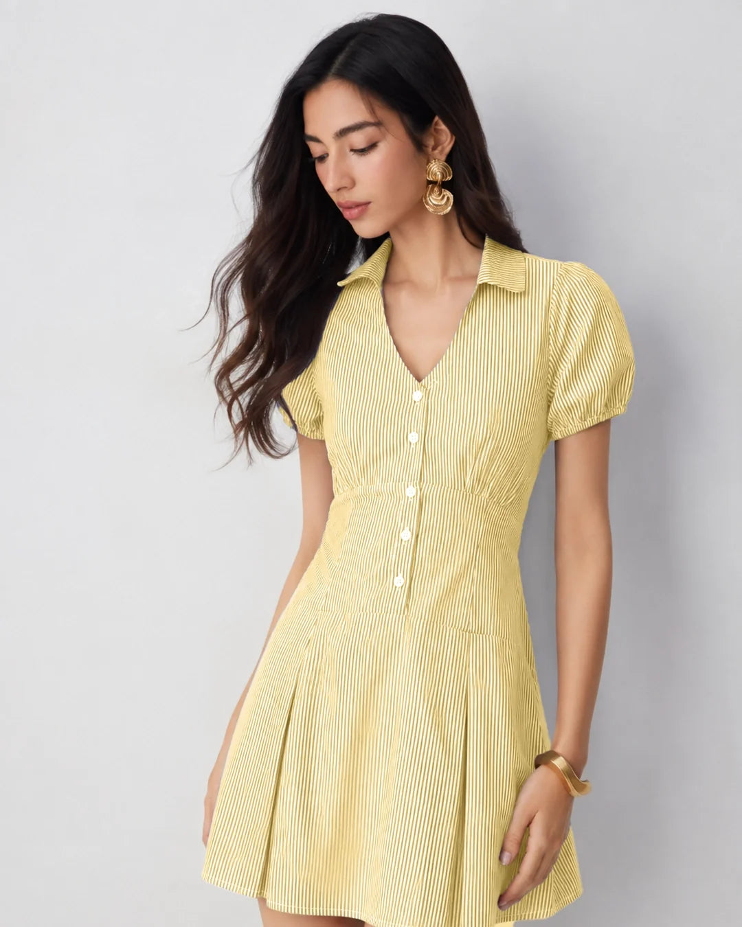 Striped Collared Puff Sleeve Button Down Mini Dress in Lemon Yellow