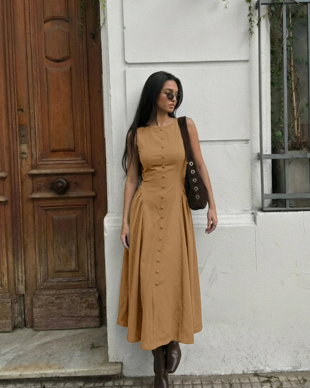 Button Front Sleeveless Fit and Flare Midi Dress in Rust Brown