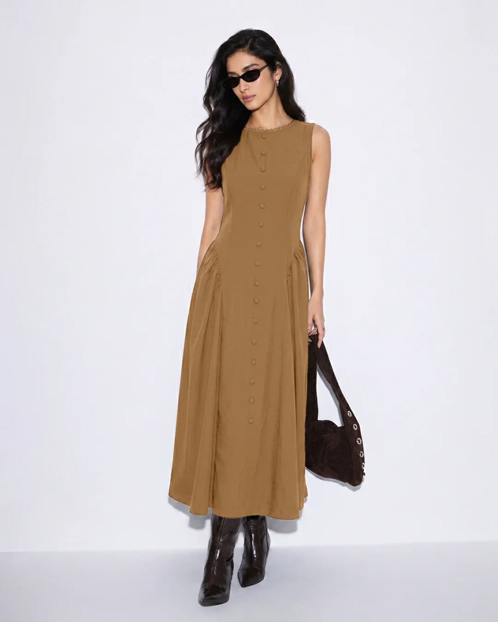 Button Front Sleeveless Fit and Flare Midi Dress in Rust Brown