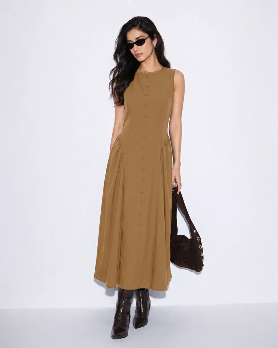 Button Front Sleeveless Fit and Flare Midi Dress in Rust Brown