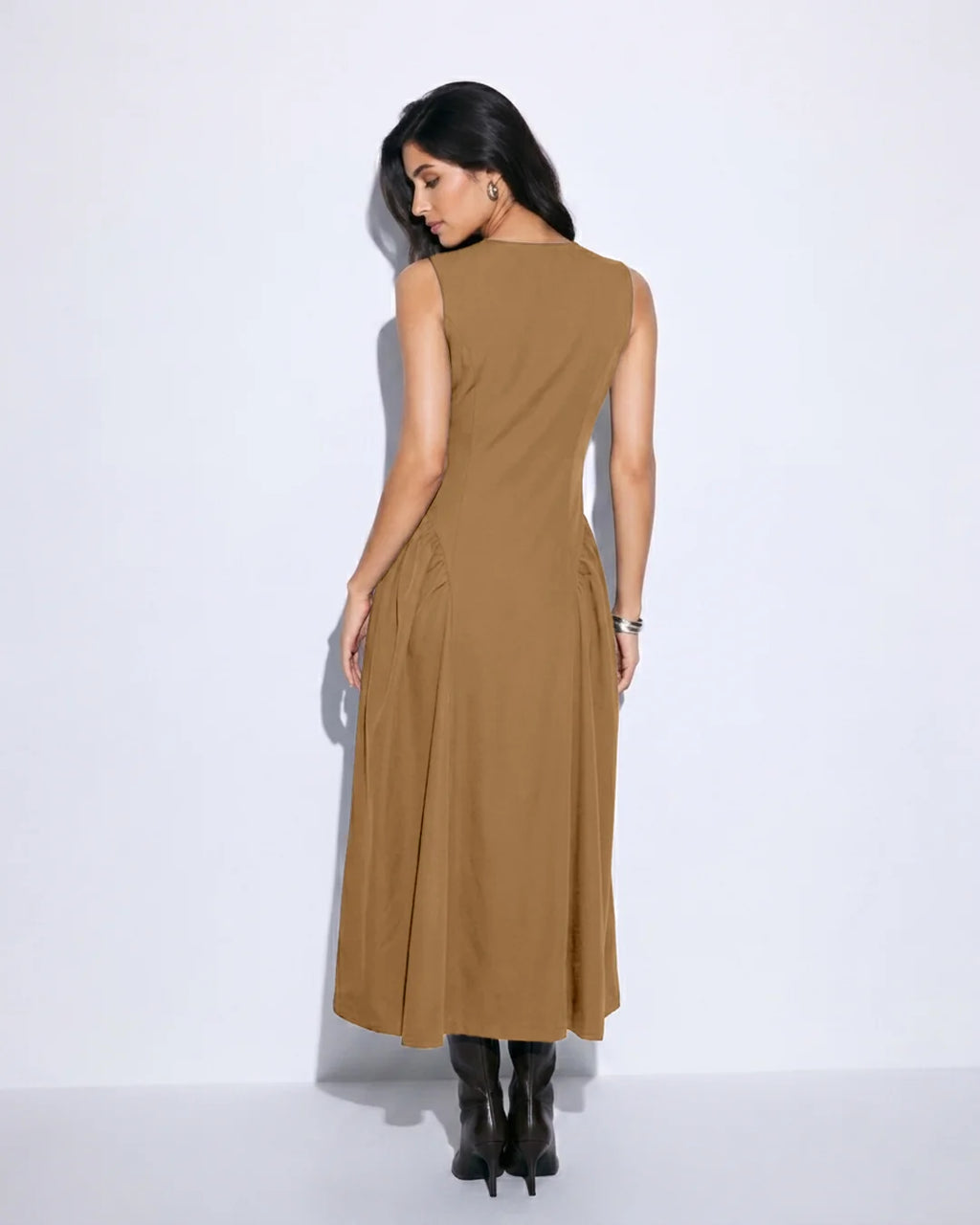 Button Front Sleeveless Fit and Flare Midi Dress in Rust Brown