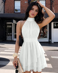 High Neck Ruched Waist Layered Mini Dress in Classic White