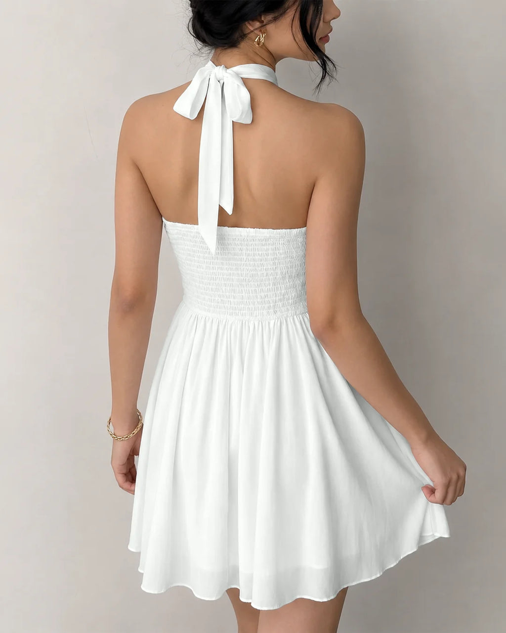 High Neck Ruched Waist Layered Mini Dress in Classic White