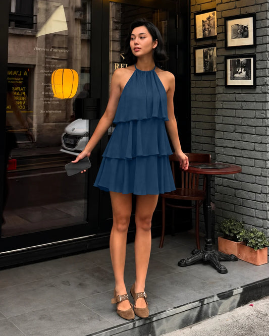 Bonus Cloth's Layered Halter Neck Mini Dress in Pageant blue