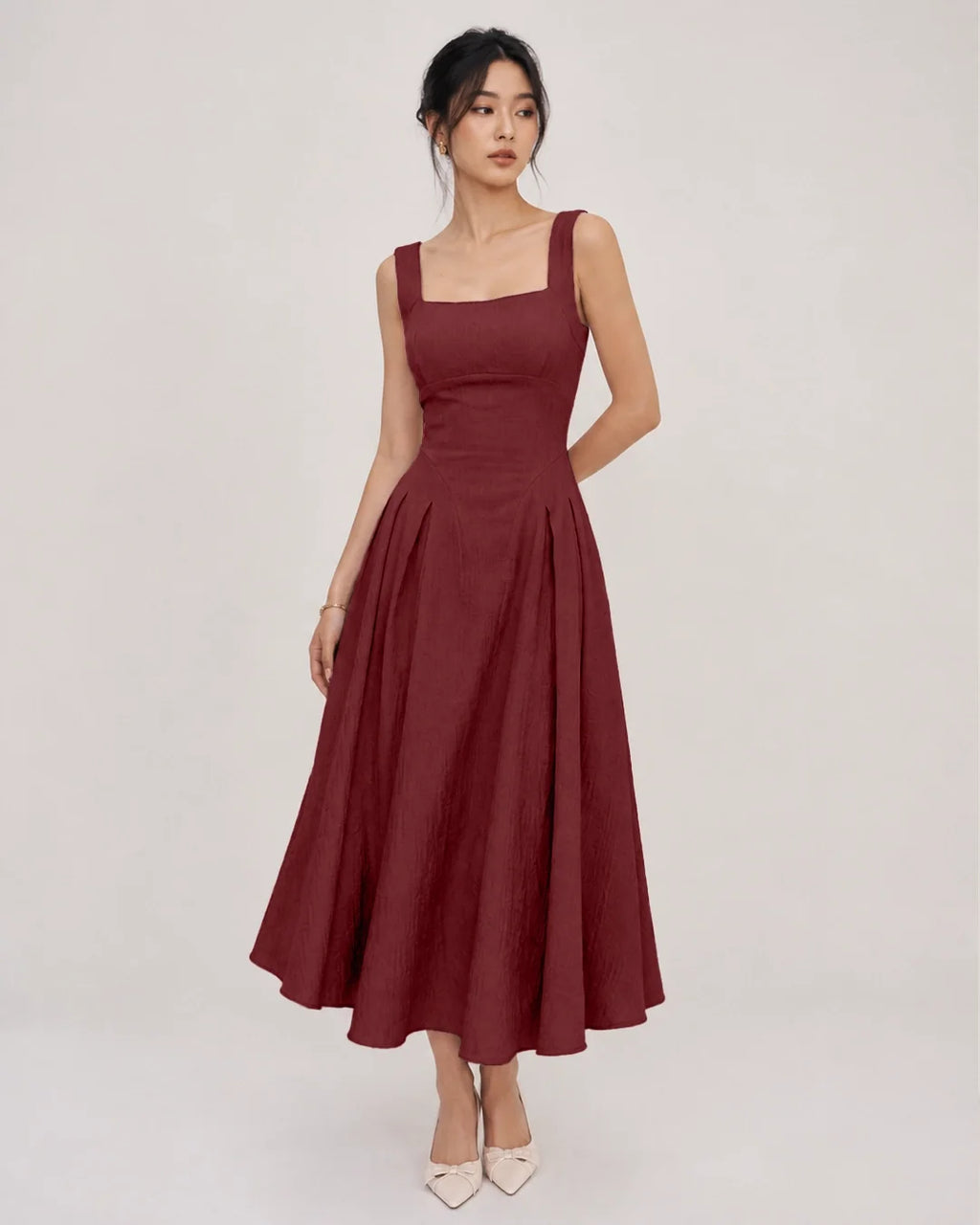 Square Neck Ruched Waist A-Line Midi Dress in Burgundy