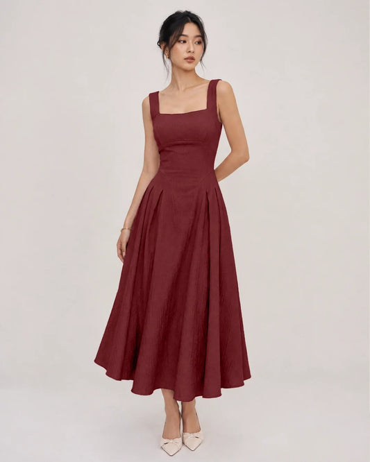 Bonus Cloth's Square Neck Ruched Waist A-Line Midi Dress in Burgundy