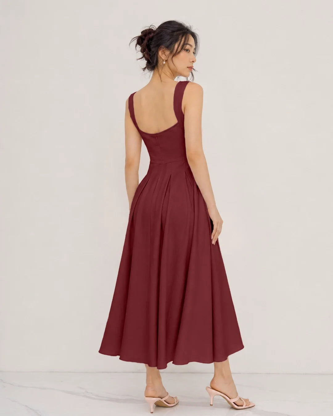 Square Neck Ruched Waist A-Line Midi Dress in Burgundy