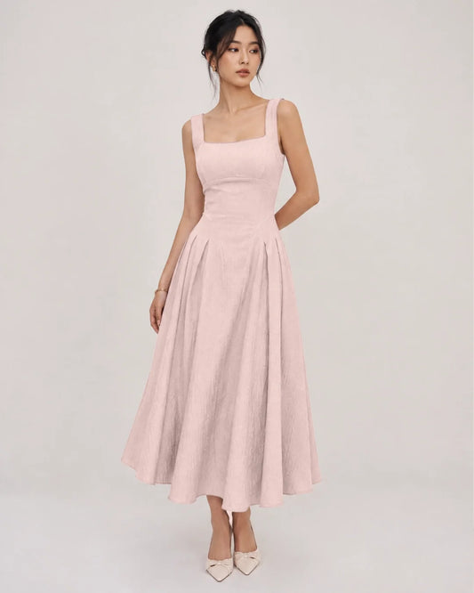 Bonus Cloth's Square Neck Ruched Waist A-Line Midi Dress in Baby Pink