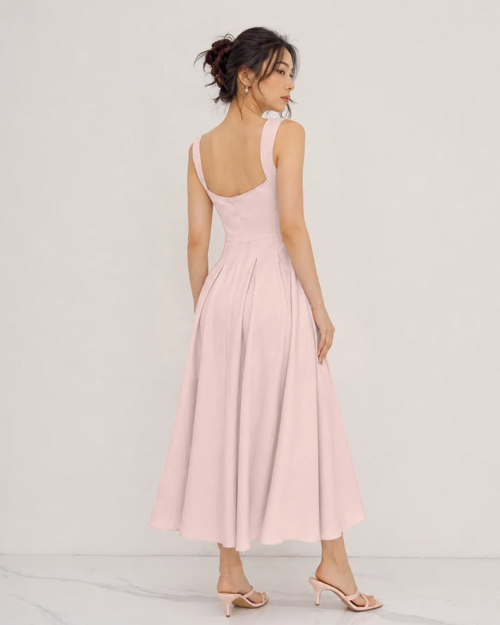 Square Neck Ruched Waist A-Line Midi Dress in Baby Pink