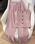 Sleeveless Regular Button Down Top And A Line Straight Trousers Set in Baby Pink