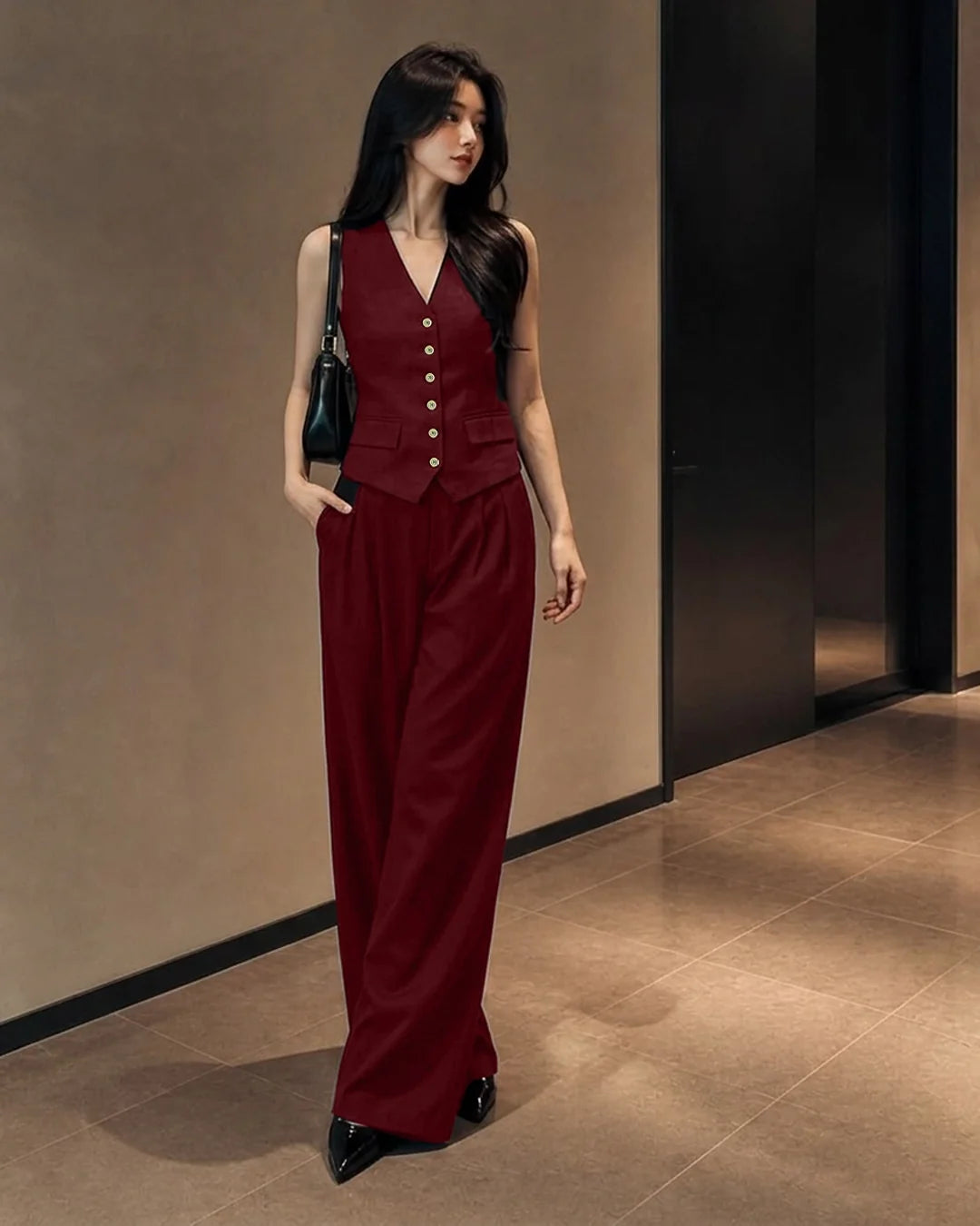 V Neck Sleeveless Waistcoat and Trouser in Deep Maroon