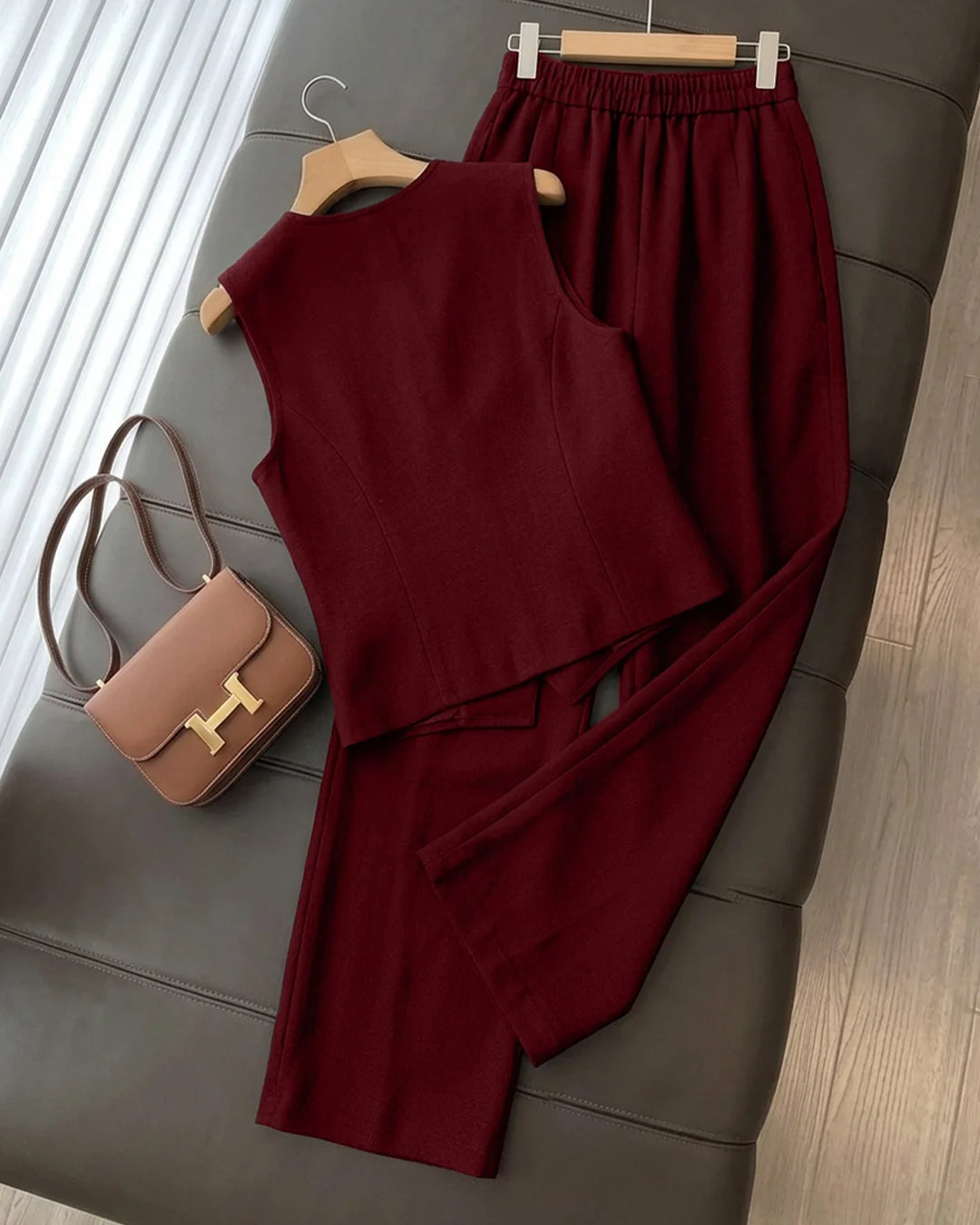 V Neck Sleeveless Waistcoat and Trouser in Deep Maroon