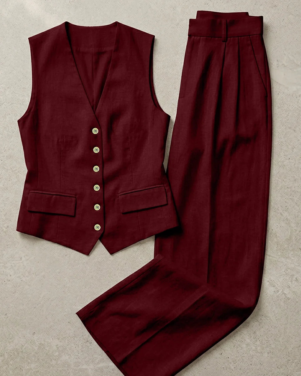 V Neck Sleeveless Waistcoat and Trouser in Deep Maroon