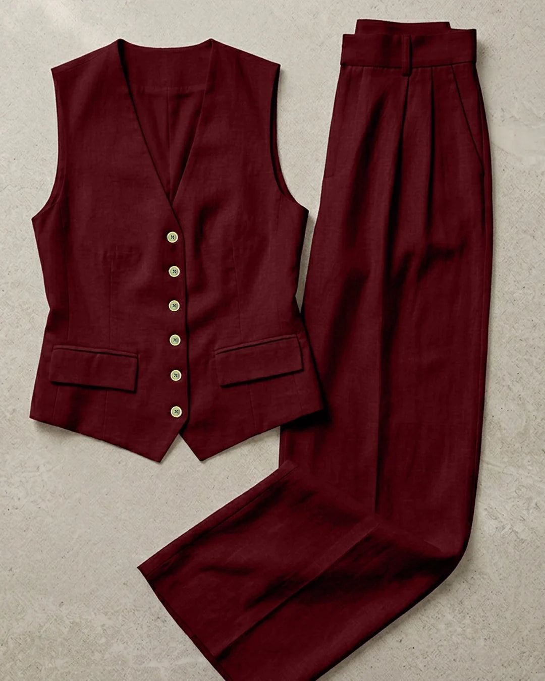 V Neck Sleeveless Waistcoat and Trouser in Deep Maroon