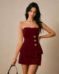 Strapless Bustier Top And Mini Skirt Two Piece Set in Deep Maroon