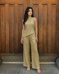 Mock Neck Asymmetric Top and Wide Leg Trousers Co-Ord Set in Olive Green