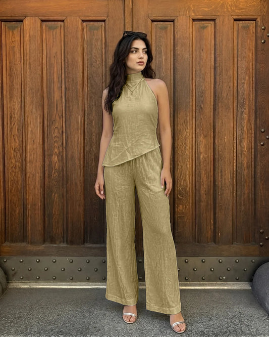 Bonus Cloth's Mock Neck Asymmetric Top and Wide Leg Trousers Co-Ord Set in Olive Green
