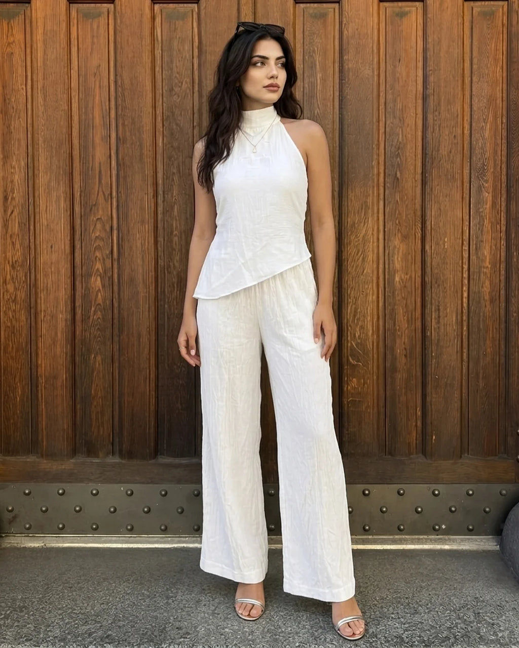 Mock Neck Asymmetric Top and Wide Leg Trousers Co-Ord Set in Classic White