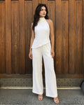 Mock Neck Asymmetric Top and Wide Leg Trousers Co-Ord Set in Classic White