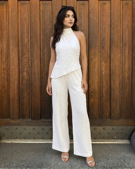 Bonus Cloth's Mock Neck Asymmetric Top and Wide Leg Trousers Co-Ord Set in Classic White