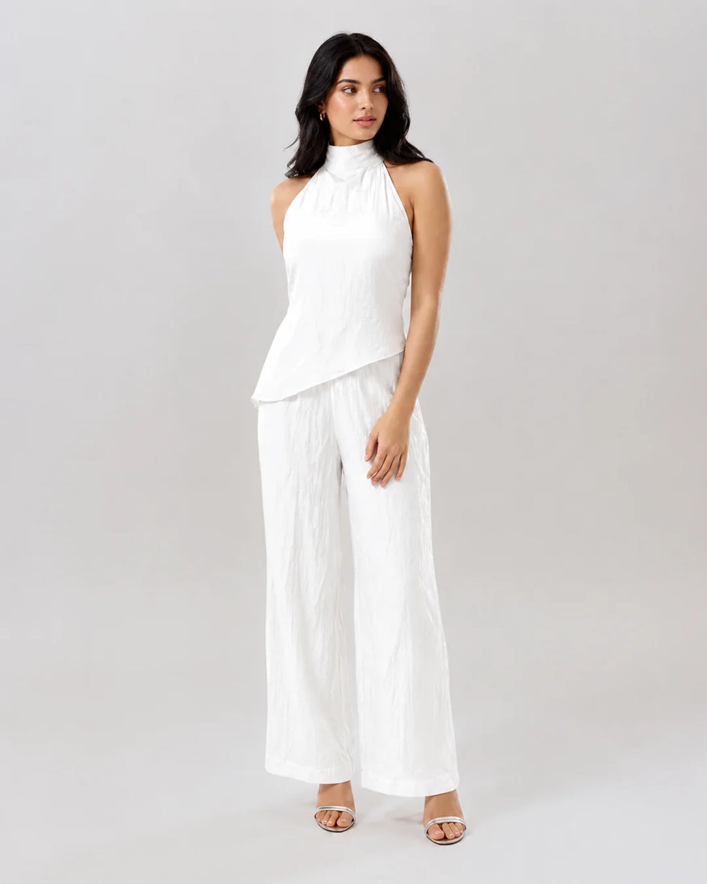 Mock Neck Asymmetric Top and Wide Leg Trousers Co-Ord Set in Classic White