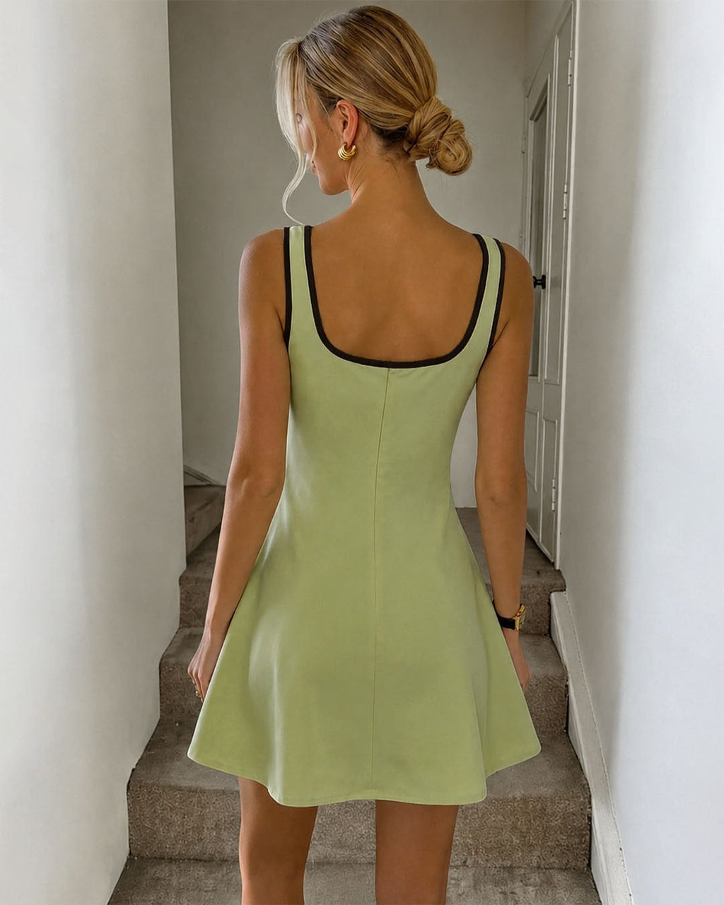 Contrast Trim Fit and Flare Mini Dress in Herbal Green
