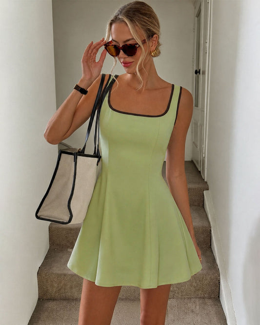 Bonus Cloth's Contrast Trim Fit and Flare Mini Dress in Herbal Green