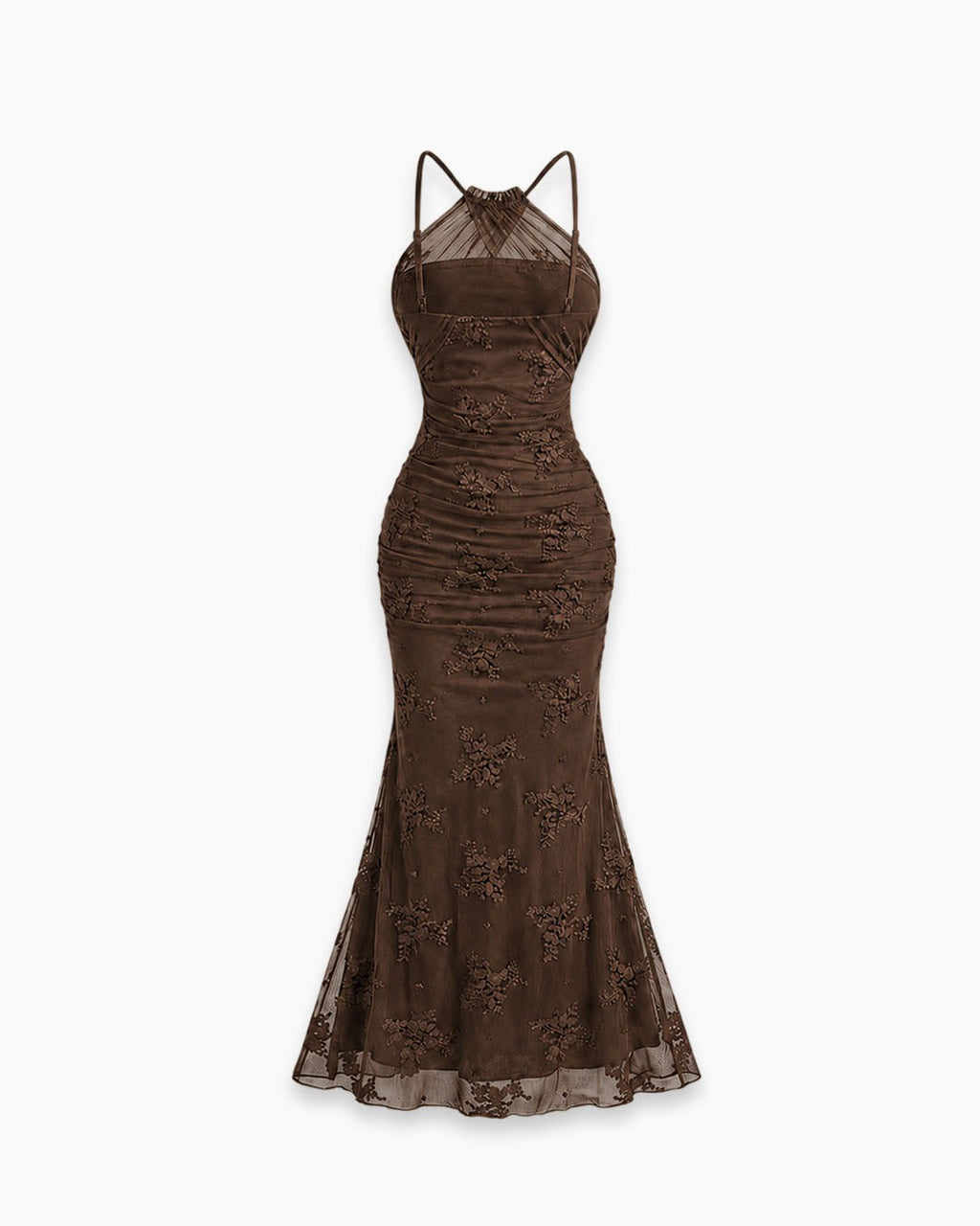 Halter Neck Ruched Mermaid Maxi Dress in Chocolate Brown